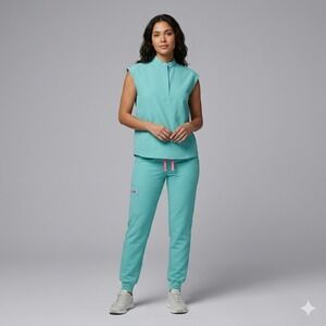 FIGS Technical Collection Womens XS Teal Aqua Scrub Set Sleeveless Top Joggers